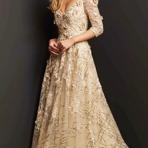 Jovani Champagne Gold 3D Floral Gown